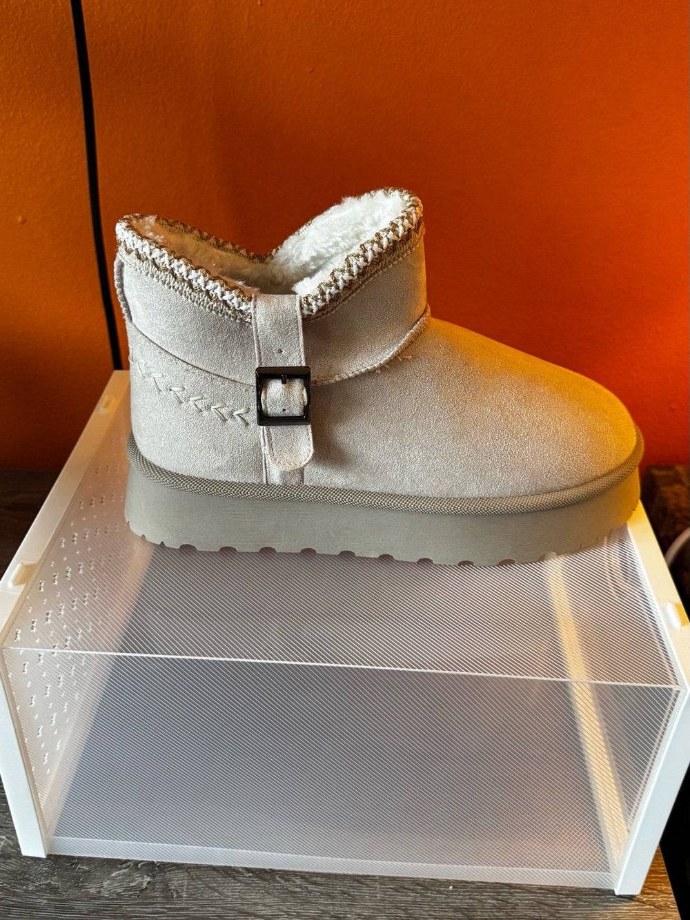 Women's Cream Faux-Suede Moccasin Boot with Shearling Lining